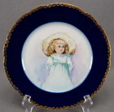 Limoges Hand Painted Signed Little Girl Portrait Cobalt & Gold 8 5/8 Plate C1894 • £62.73