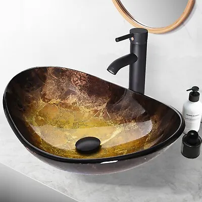 £59.99 • Buy Bathroom Sink Bowl Wash Basin Countertop Cloakroom Tempered Glass Tap Waste Set
