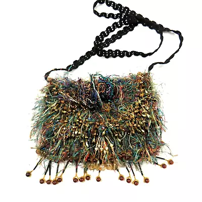 Vintage Handmade Evening Shoulder Bag Embellished Sparkle Beads Yarn Fringe FUN • $39.95