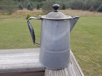 Vintage Camping Graniteware Enamelware Cowboy Coffee Pot Gray Attached Lid • $24.99