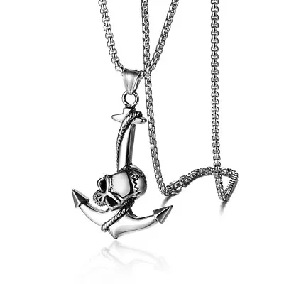 MOYON Mens Stainless Steel Nautical Beach  Surfing Skull Anchor Pendant Necklace • $9.64