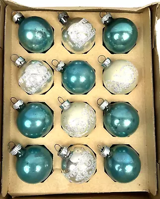 Vintage Blown Glass Ball Stencil Christmas Ornaments Blue Silver Shiny Brite Set • $32