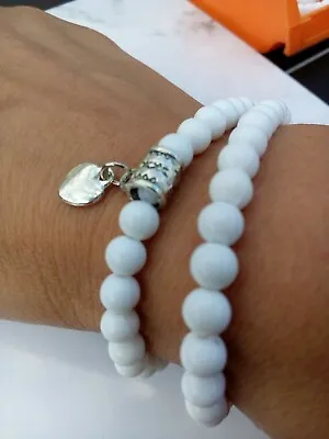£3.30 • Buy HEART Charm Bracelet SET Silver Tone White Beaded Stretch Stacking Friendship