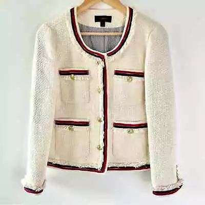 J. CREW | RARE Lady Jacket Blazer Cropped Fringe White Tweed Red Blue Gold 8 • $200