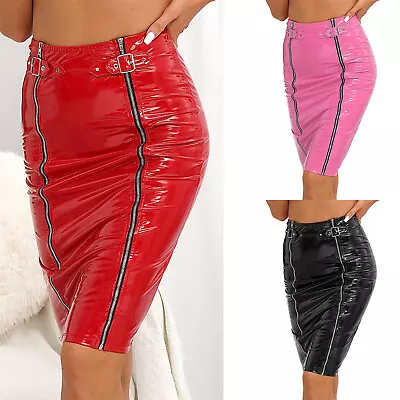 Womens Shiny PVC Leather Metal Buckle Skirt Latex Zipper Bodycon Pencil Skirts • $5.57