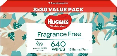 Huggies Thick Baby Wipes Fragrance Free 640 Pack (8 X 80 Pack)Packaging May Vary • $39.99