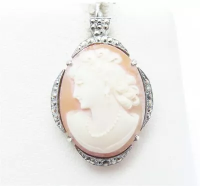 Vintage Sterling Silver Sculpted Orange & White Cameo Marcasite Pendant  • $9.50