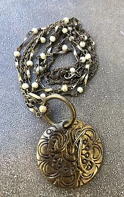Vintage Brass Monogram “M” Dainty Pearl Bead Layered Statement Necklace  • $15