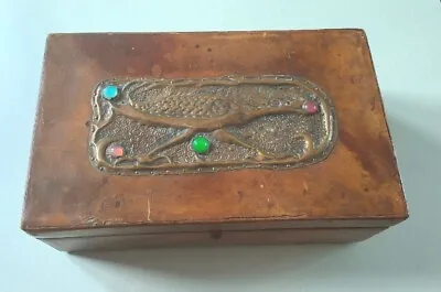 £189 • Buy Antique Arts And Crafts Movement Brass Glass Cabochon Leather Clad Box