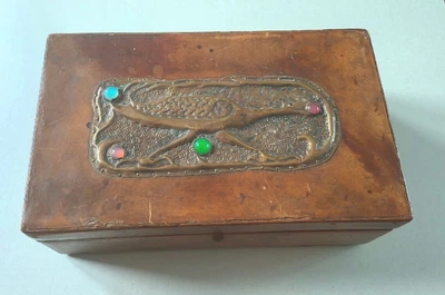 £189 • Buy Antique Arts And Crafts Movement Brass Glass Cabochon Leather Clad Box