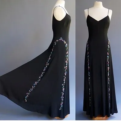 Nicole Miller Formal Gown Maxi Dress Black Fluid Drape Heavily Beaded Deep V M 8 • $99