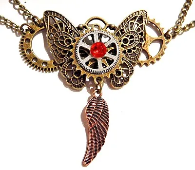 STEAMPUNK BUTTERFLY WINGS NECKLACE Chains Gears Bird Wing Choker Bronze New Z6 • $9.99