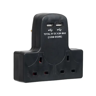 2 Way Adaptor  Plug 13A Wall Multi Socket 2x USB Charging Ports 4.8A Black • £8.99