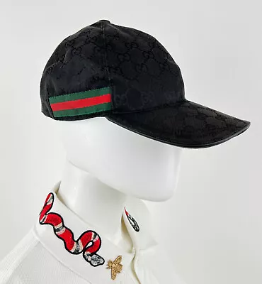 Gucci Men Black Sz M 58 GG Logo Monogram Web Ball Cap Hat Runway Auth Free Ship • $187