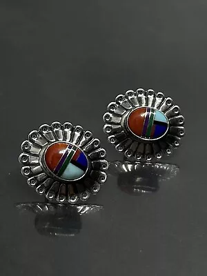 Vintage QT Sterling Silver Native American Pierced Earrings Multi Natural Stone✨ • $65