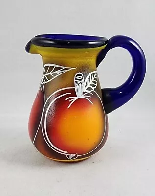 Glass Milk Cream Pitcher Hand-Blown Fruit Decor Blue Mexican Hand Painted 4.75  • $16.14