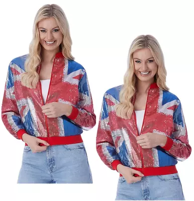 Union Jack Sequin Bomber Jacket Kings Coronation Fancy Dress Costume Eurovision • £17.99