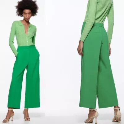 ZARA High Rise Cropped Wide Leg Green Culottes Pants • $39.99