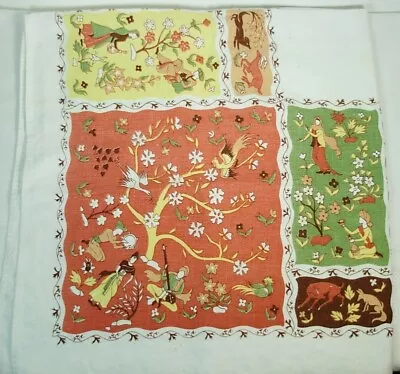 Vintage Multicolor Tablecloth 32  X 34  People Animals Tree Flowers Birds • $20