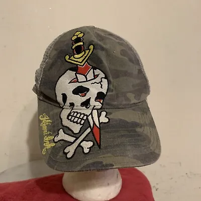 Miami Ink Gray Camo Cap Hat Tattoo  W/skull & Bones Dagger Distressed Adjustable • $14.99