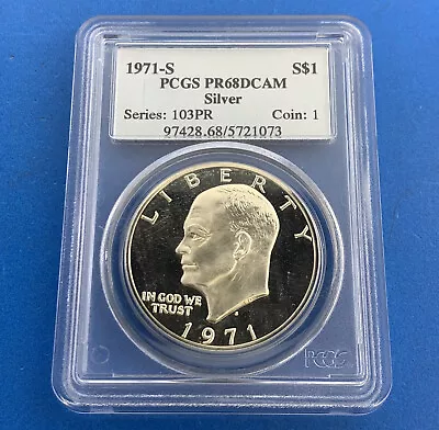 $0.99 • Buy 1971 S San Francisco $1 Eisenhower One Dollar 40% Silver PCGS PR68 DCAM Coin
