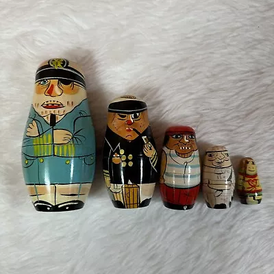 VTG Russian Nesting Dolls Nautical Sailor Captain Skipper ~ Hand Painted ~ SET 5 • $29.99