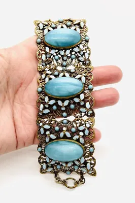 Wide NEIGER Bros Czech Blue Spun Glass & Enamel Bracelet Vintage Antique Jewelry • $450