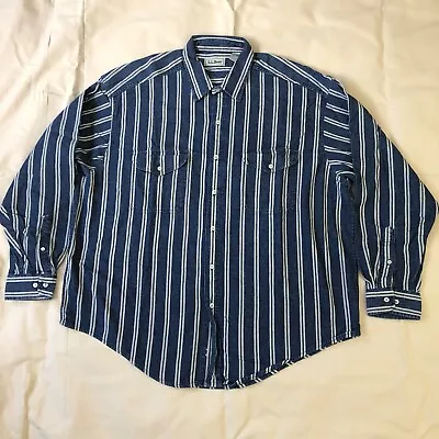 LL Bean USA Vintage Striped Cotton Twill Utility Shirt Blue Excellent • $49.99