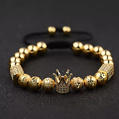 Luxury Gold Micro Pave CZ Polygon Crown Braided Adjustable Women Men Bracelets • $10.49