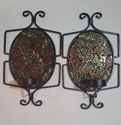 PAIR Wrought Iron Wall Sconces Candle Holder With Mosaic Glass Back Plate. • $28