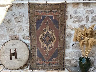 Vintage Area Hand-Woven Carpet 4x7 Blue Wool Bohemian Rug Muted Anatolian • $269.40