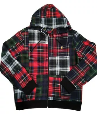 Polo Ralph Lauren Patchwork Tartan Pony Plaid Fleece Lined Zip Hoodie Jacket Men • $88.32