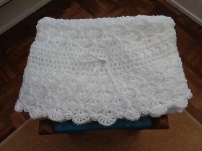 New White Baby Shawl Hand Crochet  40  Round Christening Baptism Blanket Photos • £21.99