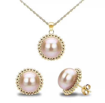 Beaded Pendant And Earrings Set 14k Yellow Gold 9-9.5mm Pink Freshwater Pearl • $363.99