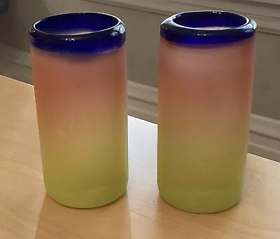 Vintage Mexican Hand Blown WATERMELON Ombre  TALL SHOT Glass Bar Ware  Pair • $16