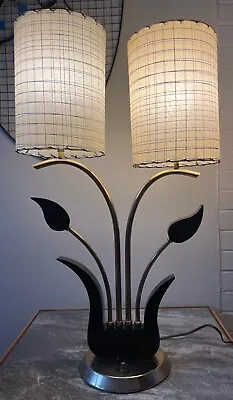 Vintage Brass Wood Floral Lamp Fiberglass Shades Majestic Guggenheim Luxcraft • $650