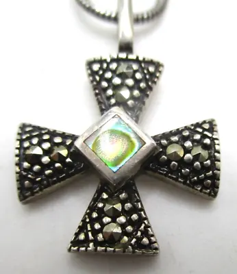 Vintage Maltese Cross Sterling Silver Marcasite Abalone Sm Pendant Necklace • $16.98