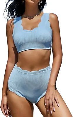 $13.02 • Buy High Waisted Swimsuit Scalloped Bikini Set Back Lace Up Tankini Medium Baby Blue