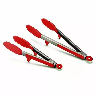 Kitchen Tong With Built-in Stand Food Tongs Set Of 2 Stainless Steel & Silicone • $11.95