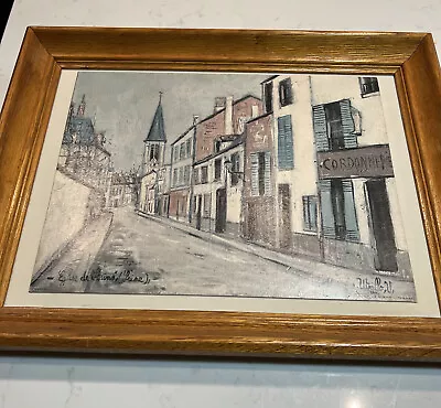 Vtg Maurice Utrillo Eglise De Strins (Seine) Lithograph Signed Oak Frame 8.75x14 • $19.98