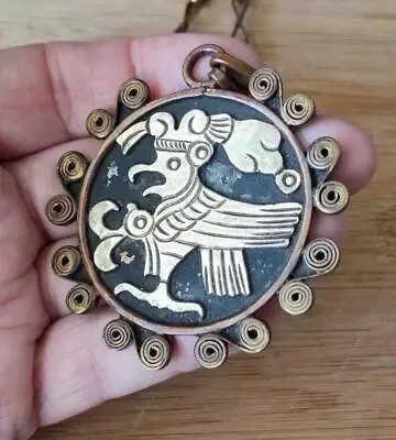 Vtg Mayan Aztec Mexico Mixed Metl Copper Brass Silver Pendant Medallion Necklace • $30