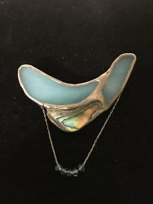 Hand Crafted Leaded Blue And Abalone Glass Pin Or Brooch With Chain And Beads • $14.99