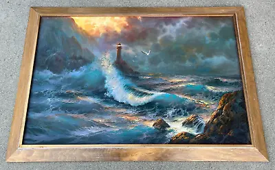 Vintage DAVID BURTON  Lighthouse & Ocean View  Orig. Oil Painting Canvas. 36x24  • $2000