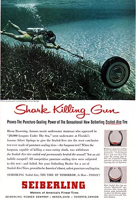 Scuba Diver W/ Harpoon SEIBERLING TIRES Shark Killing Gun RICOU BROWNING 1956 Ad • $23.99