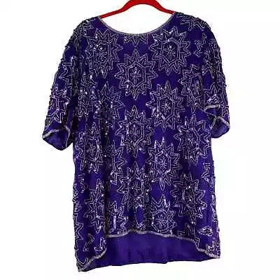 Vintage Malcolm Starr Silk Beaded Top Womens Size 1X Purple Short Sleeve  • $59.99