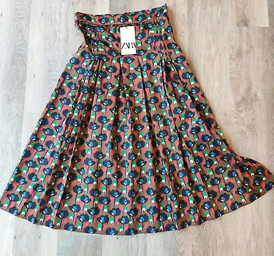 Zara Pleated Midi Skirt Floral Retro Print Flowing Toffee XS S M High Waisted • £28