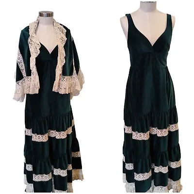 Vintage 1970s Gunne Style Shamash & Yofi Green Velvet & Lace Maxi Dress Shawl XS • $110.69