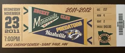 Minnesota Wild 11/23/2011 NHL Ticket Stub Vs Nashville Predators • $5.95