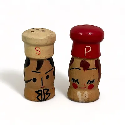 Vintage Mini Wooden Mr & Mrs Chef Salt Pepper Shakers Japan Hand Painted Hats • $5.99