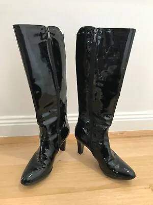 Aquatalia Vera Gomma Black Patent Leather Shiny High Heel Boots Metal Studs 39.5 • $160.03